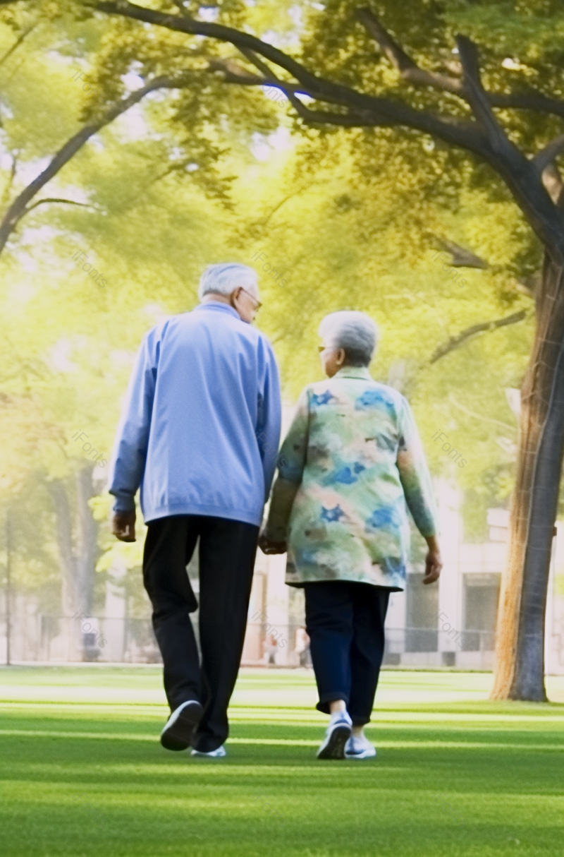 绿色实拍老年夫妇牵手散步公园幸福背影拍摄,高清,摄影图,摄影图片,图片大全,摄影图免费下载